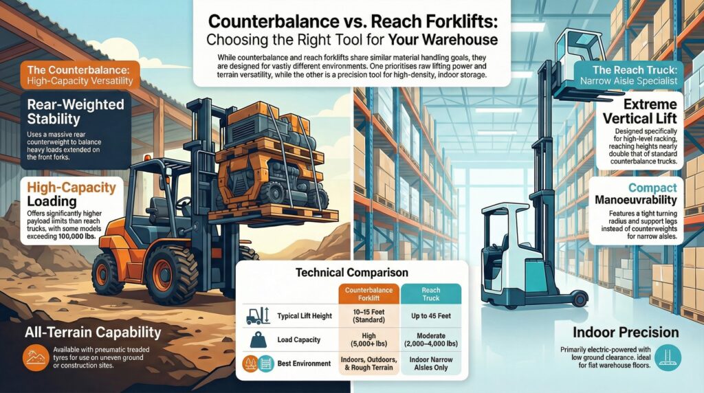 What is the Difference Between a Counterbalance and Reach Forklift